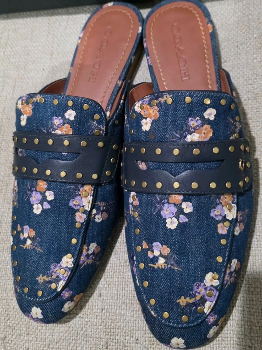 Coach Denim Floral Studded Slip-On Mules in Navy and Tan - Picture 6 of 11